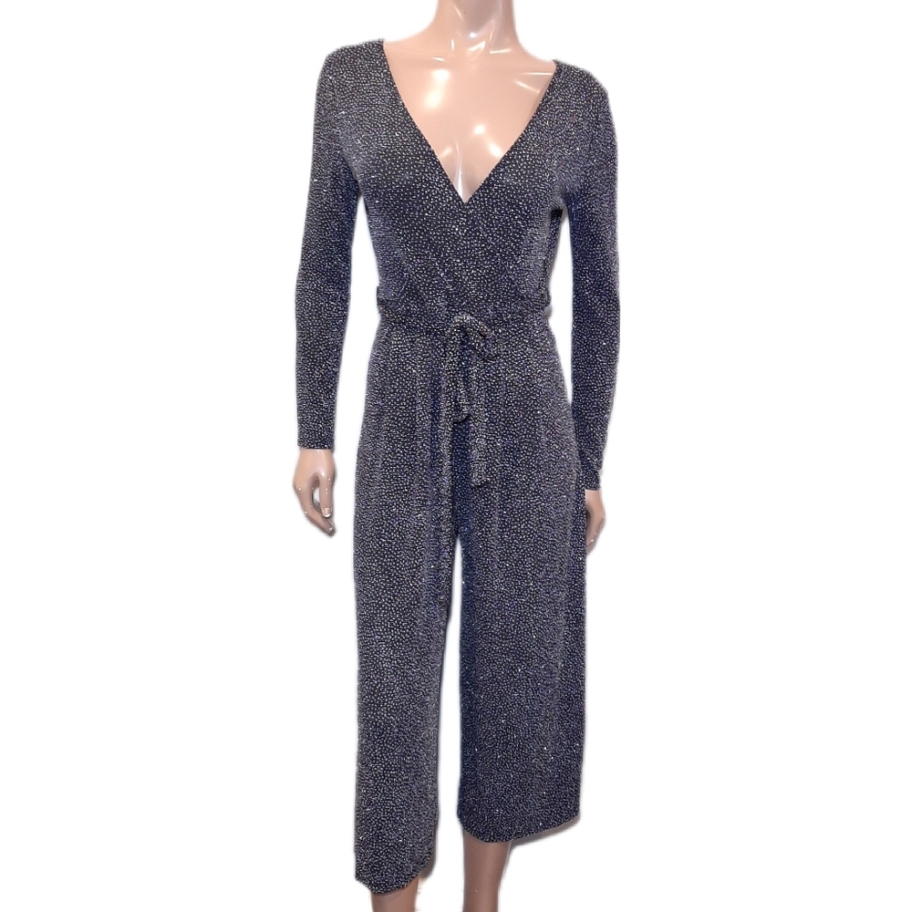 MANDEE Sparkle Jumpsuit Long Sleeve Wide Crop Leg Tie Belt Surplice Glitter XS